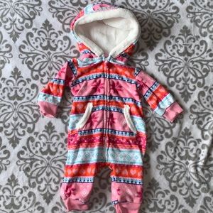 Carter’s Fleece Hooded Pink Snowflake long Sleeve Romper Bodysuit 3 months